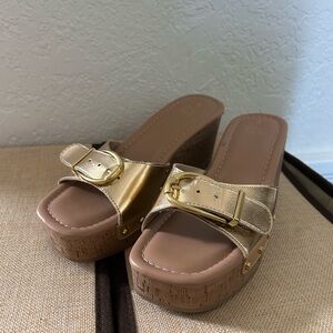 Time and Tru Gold Platform Wedge Slide Sandals with Buckle